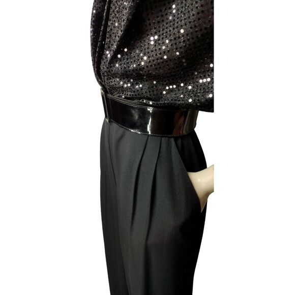 Vintage 80s Black High Shoulder Draped Deep V-Neck Sparkly Sequined Jumpsuit - Picture 6 of 10